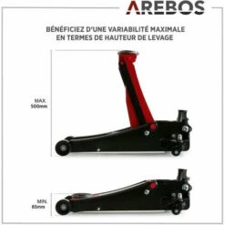 AREBOS Cric Hydraulique 3 Tonnes | Cric De Service Profil Bas 75 - 505 Mm | Dual Pompe | Avec 3 Patins En Caoutchouc Et Tige De Levier | Grande Bride De Fixation - Noir / Rouge -Treuil, cric, palan et accessoires Soldes Boutique 16739668 3