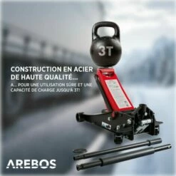 AREBOS Cric Hydraulique 3 Tonnes | Cric De Service Profil Bas 75 - 505 Mm | Dual Pompe | Avec 3 Patins En Caoutchouc Et Tige De Levier | Grande Bride De Fixation - Noir / Rouge -Treuil, cric, palan et accessoires Soldes Boutique 16739668 4