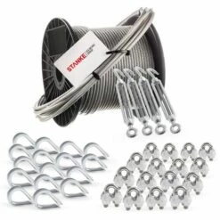Seilwerk STANKE Câble D’acier Galvanisé Gainé (couche PVC) 5m Diam?tre 2mm 1x19, 4x Tendeur M5 ?il-Crochet, 16x Cosse-C?ur, 16x Serre-Câble ? étrier - SET 6
