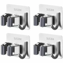 SUPERMARKET 4 Pièces Porte Balai, Auto Adhésif Accroche Balai Mural Sans Perçage, Mop Support Avec Crochets Pour Cuisine Salle De Bain Jardin Argenté, Superma