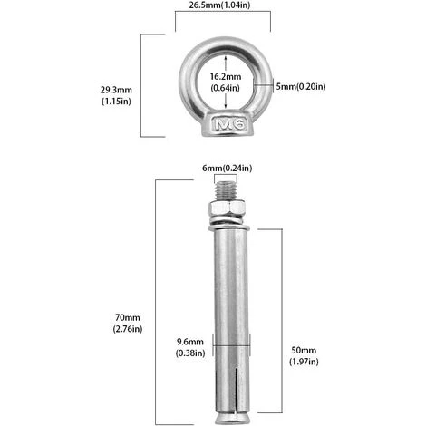 GALOZZOIT Paquet De 5 Vis à Boulon à œil à Expansion Avec Anneau De Levage En Acier Inoxydable M6x70mm 2 GALOZZOIT Paquet De 5 Vis à Boulon à œil à Expansion Avec Anneau De Levage En Acier Inoxydable M6x70mm – Image 2
